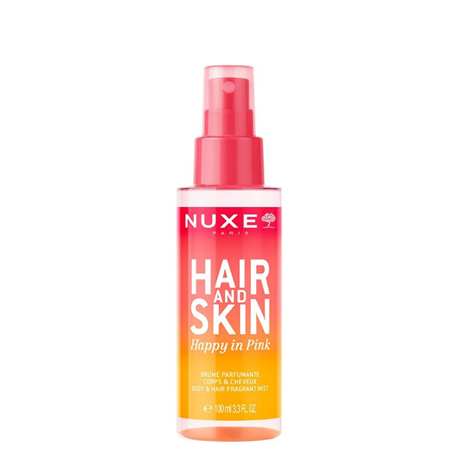 NuxeHair&SkinHappyInPinkBody&HairFragrantMist100ml Spray of Nuxe Hair & Skin Happy In Pink by Nuxe, a fragrant mist indicated for hydrating and perfuming the body and hair.