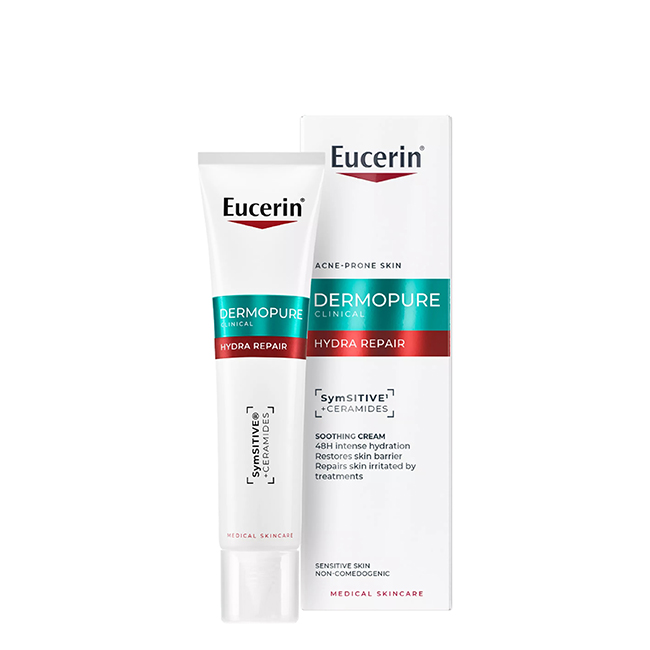 EucerinDermoPureClinicalHydraRepairSoothingCream40ml Tube of Eucerin DermoPure Clinical Hydra Repair Soothing Cream by Eucerin, a face cream indicated for repairing acne-prone skin.