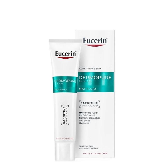 EucerinDermoPureClinicalMatFluid40ml Product container of Eucerin DermoPure Clinical Mat Fluid by Eucerin, a mattifying fluid indicated for controlling oiliness and pores.