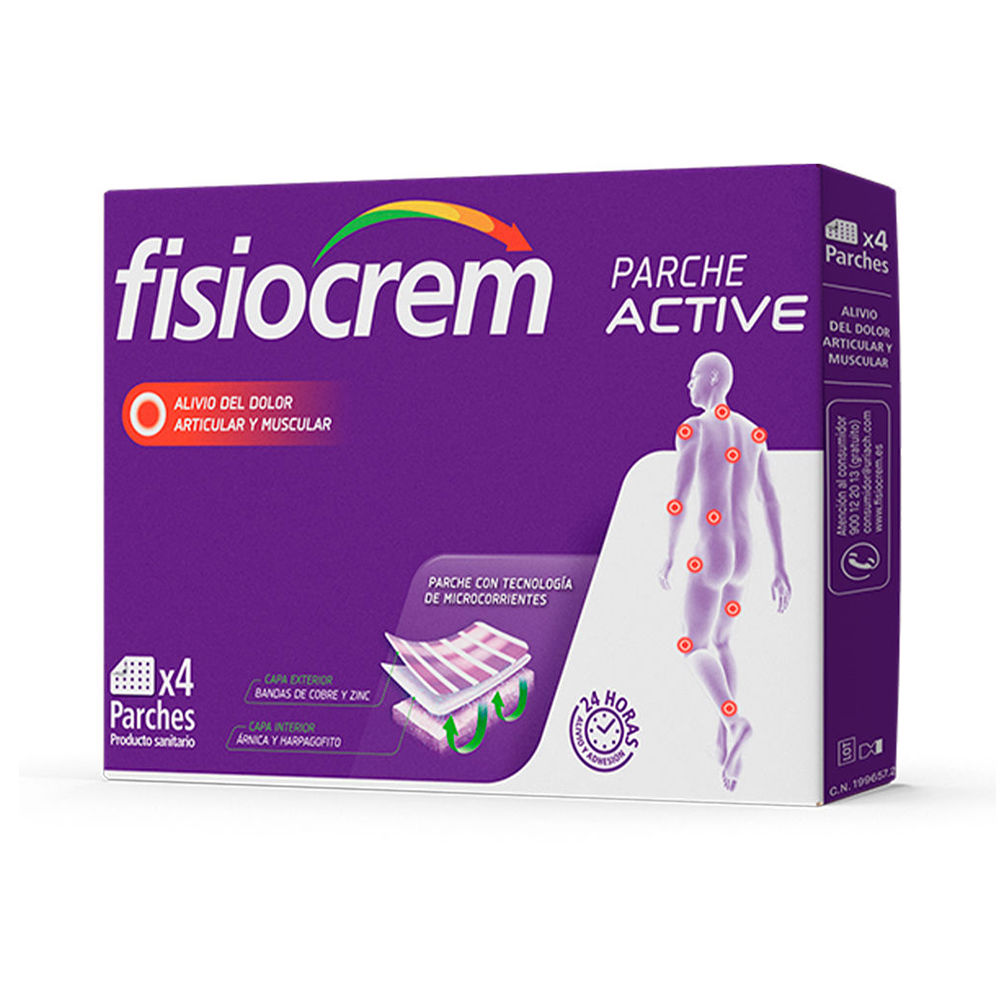 FisiocremActivePatchx4 Box of Fisiocrem Active Patch by Fisiocrem, a medical device patch indicated for relieving muscle and joint pain.