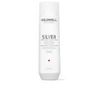 Bottle  of  Goldwell  Silver  Shampoo  by  Goldwell,  a  shampoo  indicated  to  neutralize  yellow  tones  in  grey  or  cool  blonde  hair.