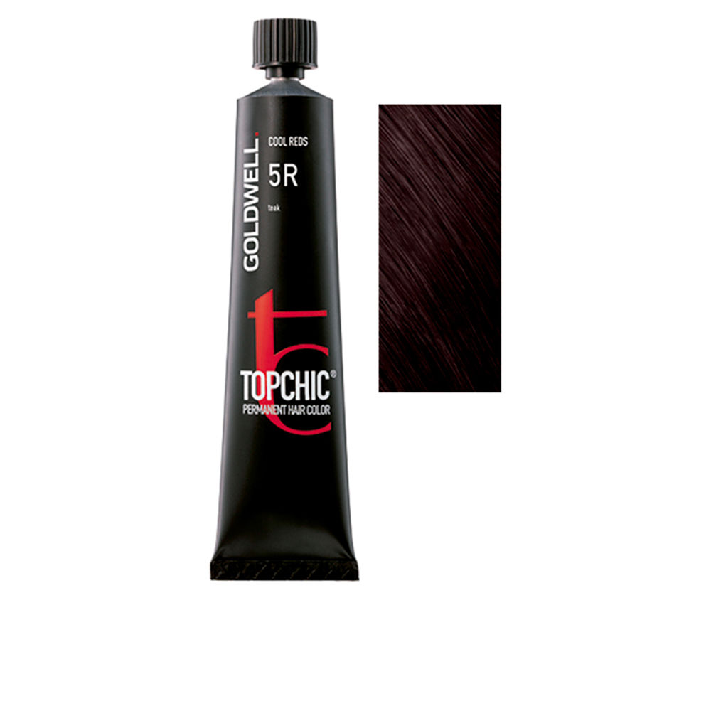 GoldwellTopchicPermanentHairColor5R60ml Product container of Goldwell Topchic Permanent Hair Color 5R by Goldwell, a permanent hair color for opaque grey coverage.