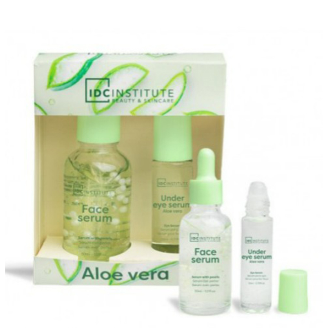 IdcInstituteAloeVeraFaceandEyeSerumSet Box of Idc Institute Aloe Vera Face and Eye Serum Set by Idc Institute, a serum set indicated to hydrate and brighten the face.