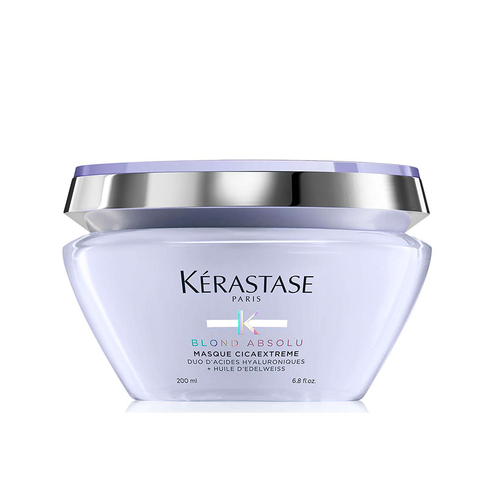 KérastaseBlondAbsoluCicaextremeMask200ml Jar of Kérastase Blond Absolu Cicaextreme Mask by Kérastase, a creamy mask indicated for restoring bleached blonde hair.