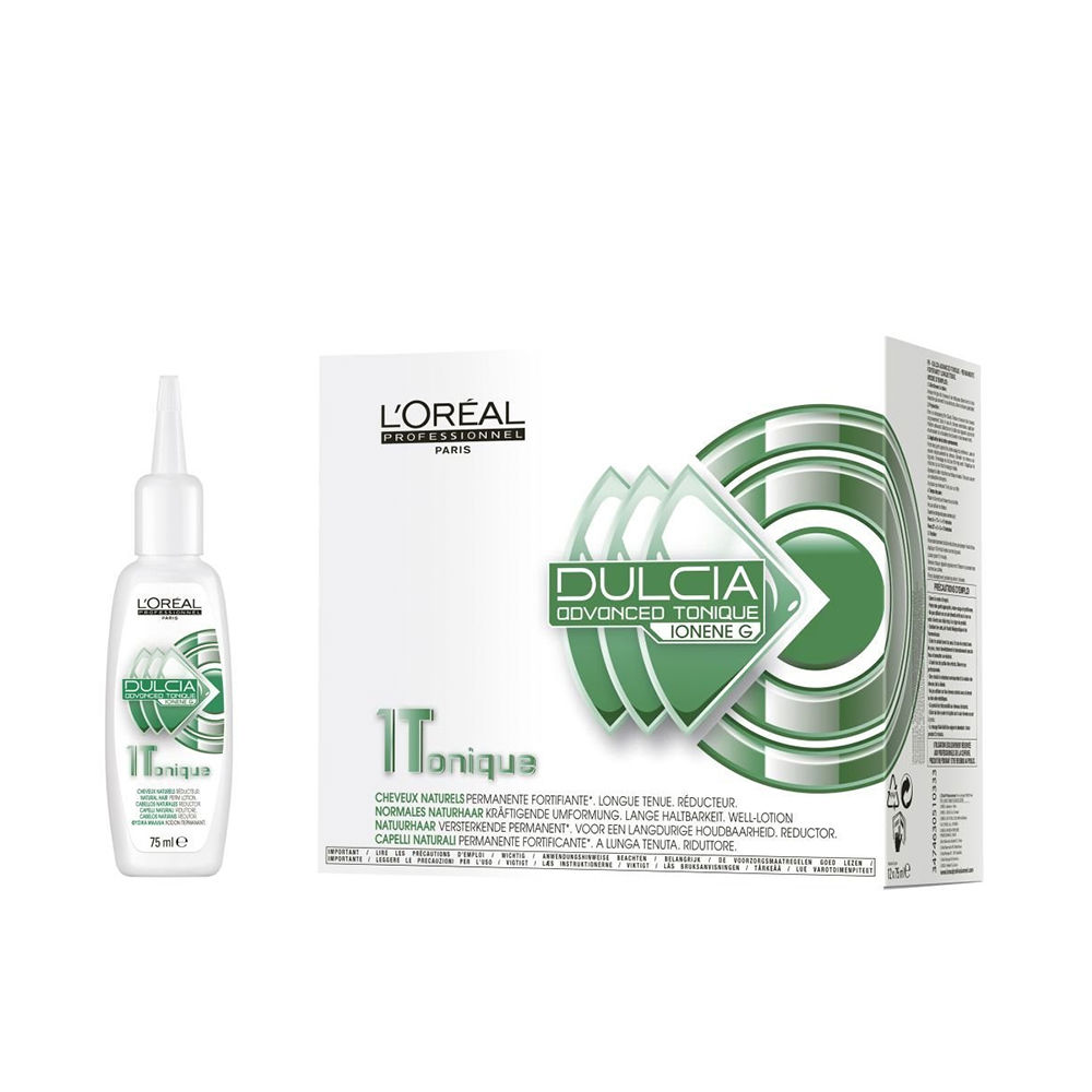 L'OréalProfessionnelDulciaAdvancedTonique1T12x75ml Product container of LOréal Professionnel Dulcia Advanced Tonique 1T by LOréal Professionnel, a permanent wave service for curls.