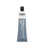 Product container of Majirel Cool-Cover Color 8.1 by LOréal Professionnel, a creamy hair color indicated for gray hair coverage.