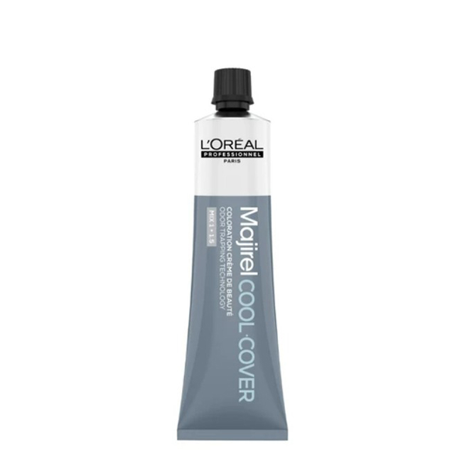 L'OréalProfessionnelMajirelCool-CoverColor6.1760ml Product container of Majirel Cool-Cover Color 8.1 by LOréal Professionnel, a creamy hair color indicated for gray hair coverage.