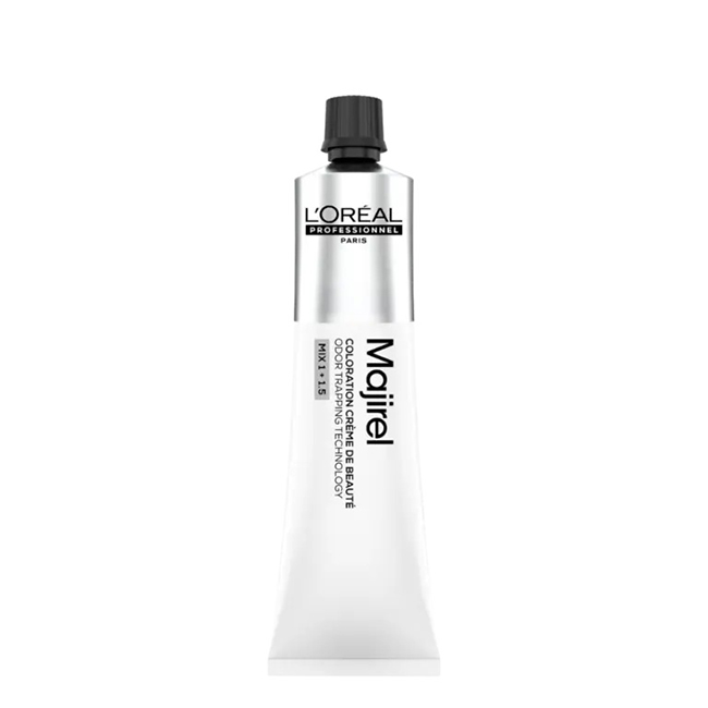 L'OréalProfessionnelMajirelPermanentColor9.1260ml Product container of Majirel Permanent Color 8.43 by LOréal Professionnel, a creamy hair color for gray hair coverage.