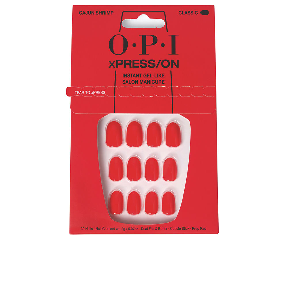 OpixPress/OnFalseGel-LikeNailsColorCajunShrimpx30 Box of Opi xPress/On False Gel-Like Nails Color Cajun Shrimp by Opi, a set of false nails indicated for a professional manicure finish.