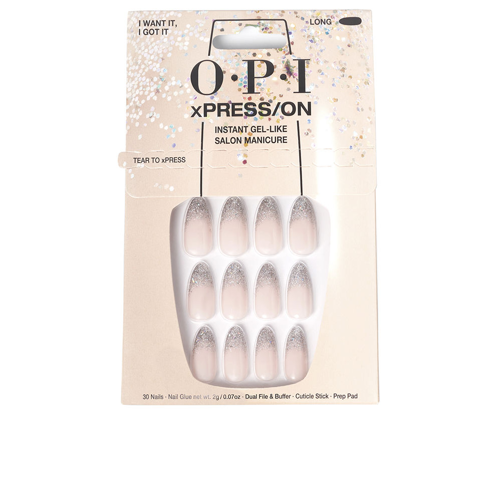 OpixPress/OnFalseGel-LikeNailsColorIWantIt Box of Opi xPress/On False Gel-Like Nails Color I Want It I Got It by Opi, a set of false nails indicated for a professional manicure finish.
