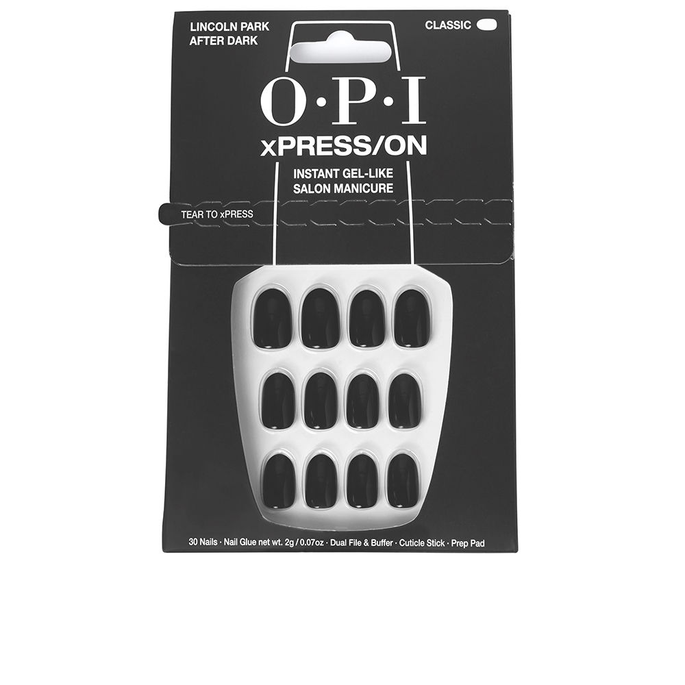 OpixPress/OnFalseGel-LikeNailsColorLincolnParkAfterDarkx30 Box of Opi xPress/On False Gel-Like Nails Color Lincoln Park After Dark, fake nails indicated for a professional manicure.