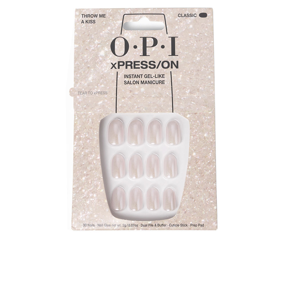 OpixPress/OnFalseGel-LikeNailsColorThrowMeAKissx30 Box of Opi xPress/On False Gel-Like Nails Color Throw Me A Kiss, fake nails indicated for a professional manicure finish.