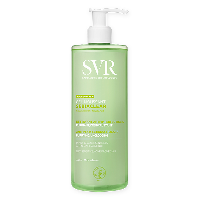 SVRSebiaclearCleansingGel400ml Bottle of SVR Sebiaclear Cleansing Gel by SVR, a cleansing gel indicated for purifying oily and acne-prone skin.