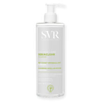 Bottle  of  SVR  Sebiaclear  Eau  Micellaire  Cleansing  Micellar  Water  by  SVR,  a  liquid  cleanser  indicated  for  removing  makeup.