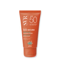 Product  container  of  SVR  Sun  Secure  Blur  SPF50  by  SVR,  a  mousse  cream  indicated  for  sun  protection  and  moisturizing.