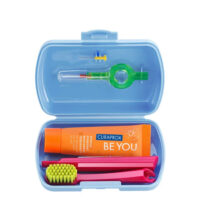 Box  of  Curaprox  Be  You  Blue  Travel  Set  by  Curaprox,  an  oral  care  kit  indicated  for  thorough  and  deep  mouth  cleaning.