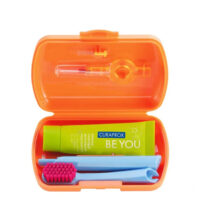 Box  of  Curaprox  Be  You  Orange  Travel  Set  by  Curaprox,  an  oral  care  kit  indicated  for  thorough  and  deep  mouth  cleaning.