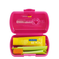 Box  of  Curaprox  Be  You  Red  Travel  Set  by  Curaprox,  an  oral  care  kit  indicated  for  thorough  and  deep  mouth  cleaning.