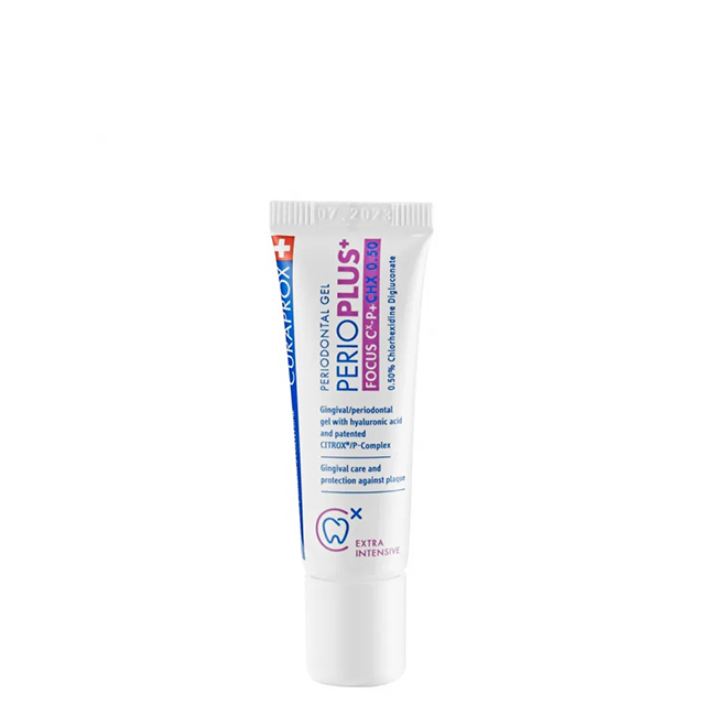 CuraproxPerioPlusFocusPeriodontalGel10ml Tube of Curaprox Perio Plus Focus Periodontal Gel by Curaprox, a periodontal gel indicated for gum care and regeneration.
