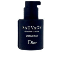 Bottle  of  Dior  Sauvage  The  Serum  by  Dior,  a  face  serum  indicated  for  hydrating  and  reducing  the  first  visible  signs  of  aging.