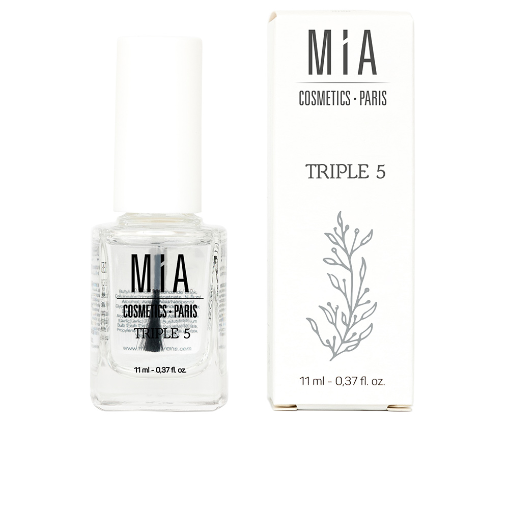 MiaCosmeticsParisTriple5NailTreatment11ml Bottle of Mia Cosmetics Paris Triple 5 Nail Treatment by Mia Cosmetics Paris, a strengthening fluid indicated for fragile nails.