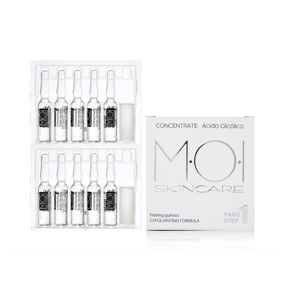 MoiGlycolicAcidFacialAmpoules10x2ml Box of Moi Glycolic Acid Facial Ampoules by Moi, a liquid treatment indicated for exfoliating and refining skin texture.