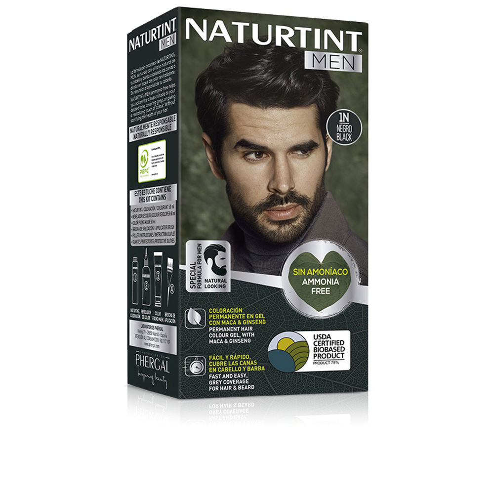 NaturtintMenAmmonia-FreeHairColor1NBlack Product container of Naturtint Men Ammonia-Free Hair Color 1N, a creamy gel indicated for natural hair and beard color.