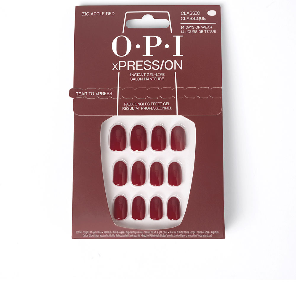 OpixPress/OnFalseGel-LikeNailsColorBigAppleRedx30 Box of Opi xPress/On False Gel-Like Nails by Opi, a set of false nails indicated for a professional manicure finish.