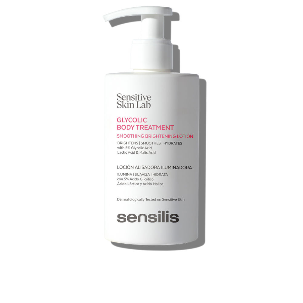 SensilisGlycolicBodyTreatmentSmoothingBodyLotion200ml Bottle of Sensilis Glycolic Body Treatment Smoothing Body Lotion, a body lotion indicated for exfoliating and brightening skin.