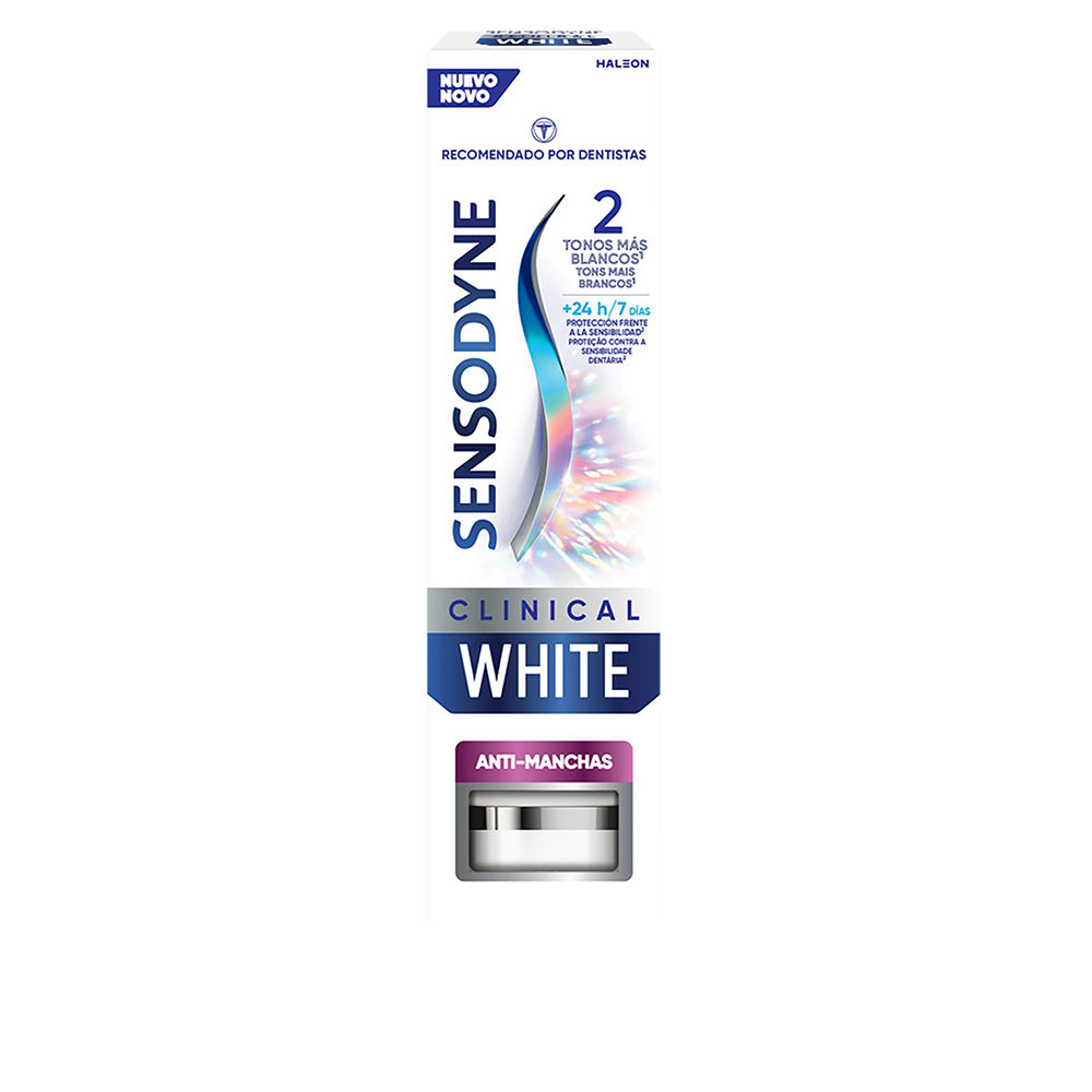 SensodyneClinicalWhiteAnti-StainToothpaste75ml Tube of Sensodyne Clinical White Anti-Stain Toothpaste, a toothpaste indicated for whitening and protecting sensitive teeth.