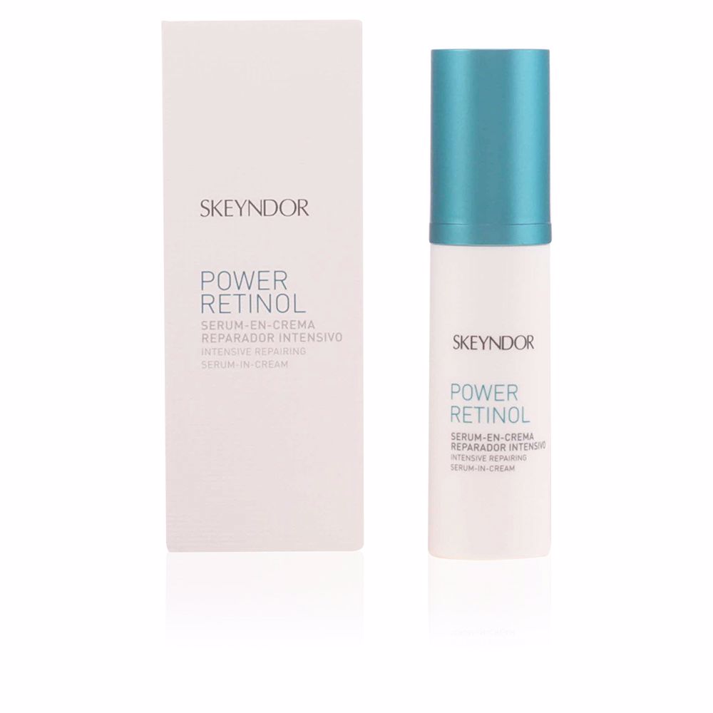 SkeyndorPowerRetinolIntensiveRepairingSerumInCream30ml Tube of Skeyndor Power Retinol Intensive Repairing Serum In Cream by Skeyndor, a creamy serum indicated for reducing fine lines.