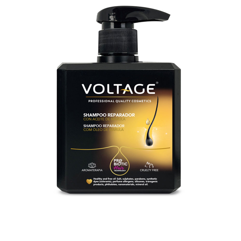 VoltageCosmeticsMarulaOilRepairingShampoo500ml Bottle of Voltage Cosmetics Marula Oil Repairing Shampoo by Voltage Cosmetics, a shampoo indicated for hair repair.