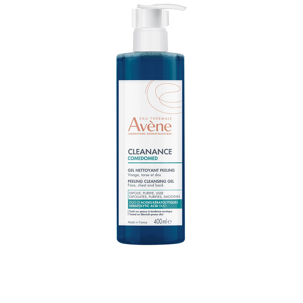 AvèneCleananceComedomedPeelingCleansingGel400ml Bottle of Avène Cleanance Comedomed Peeling Cleansing Gel by Avène, a gel cleanser indicated for unclogging pores and blemishes.