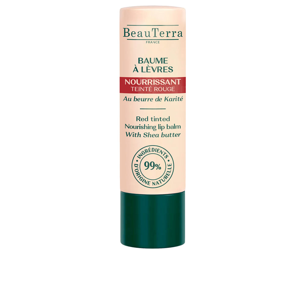 BeauterraRedTintedNourishingLipBalm4g Tube of Beauterra Red Tinted Nourishing Lip Balm by Beauterra, a tinted balm indicated for nourishing and coloring lips.