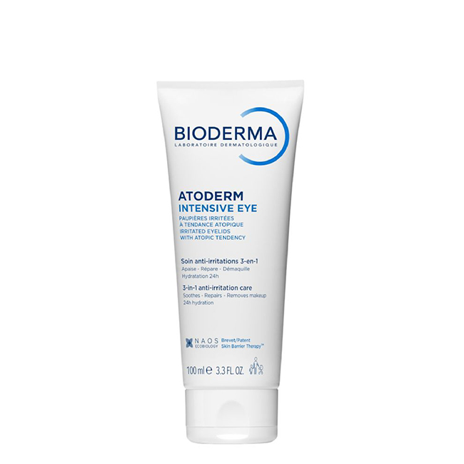 BiodermaAtodermIntensiveEye3-in-1Anti-IrritationCare100ml Tube of Bioderma Atoderm Intensive Eye 3-in-1 Anti-Irritation Care, a cream indicated for soothing and repairing the eye area.