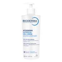 Bottle  of  Bioderma  Atoderm  Intensive  Gel-Cream  Ultra-Soothing  Cooling  Care,  a  gel-cream  indicated  for  moisturizing  itchy  skin.