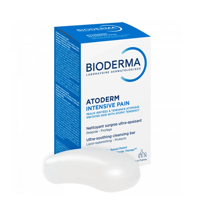 BiodermaAtodermIntensivePainGentleCleansingSoap150g Product container of Bioderma Atoderm Intensive Pain Gentle Cleansing Soap by Bioderma, a soap indicated for cleansing dry skin.