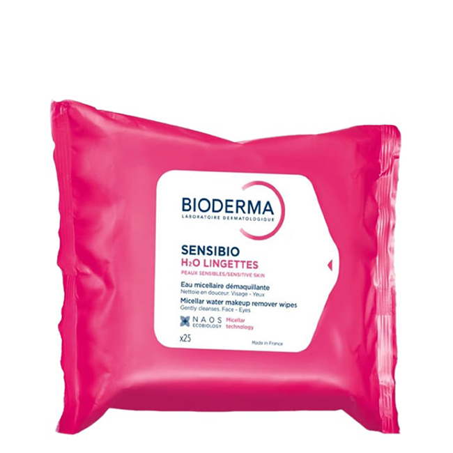BiodermaSensibioH2OGentleMake-upRemoverWipesx25 Box of Bioderma Sensibio H2O Gentle Make-up Remover Wipes, a cleansing wipe indicated for removing impurities from sensitive skin.