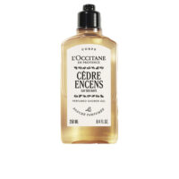 Bottle  of  Cédre  Encens  Shower  Gel  by  LOccitane,  a  refreshing  shower  gel  indicated  for  cleansing  and  invigorating  skin.