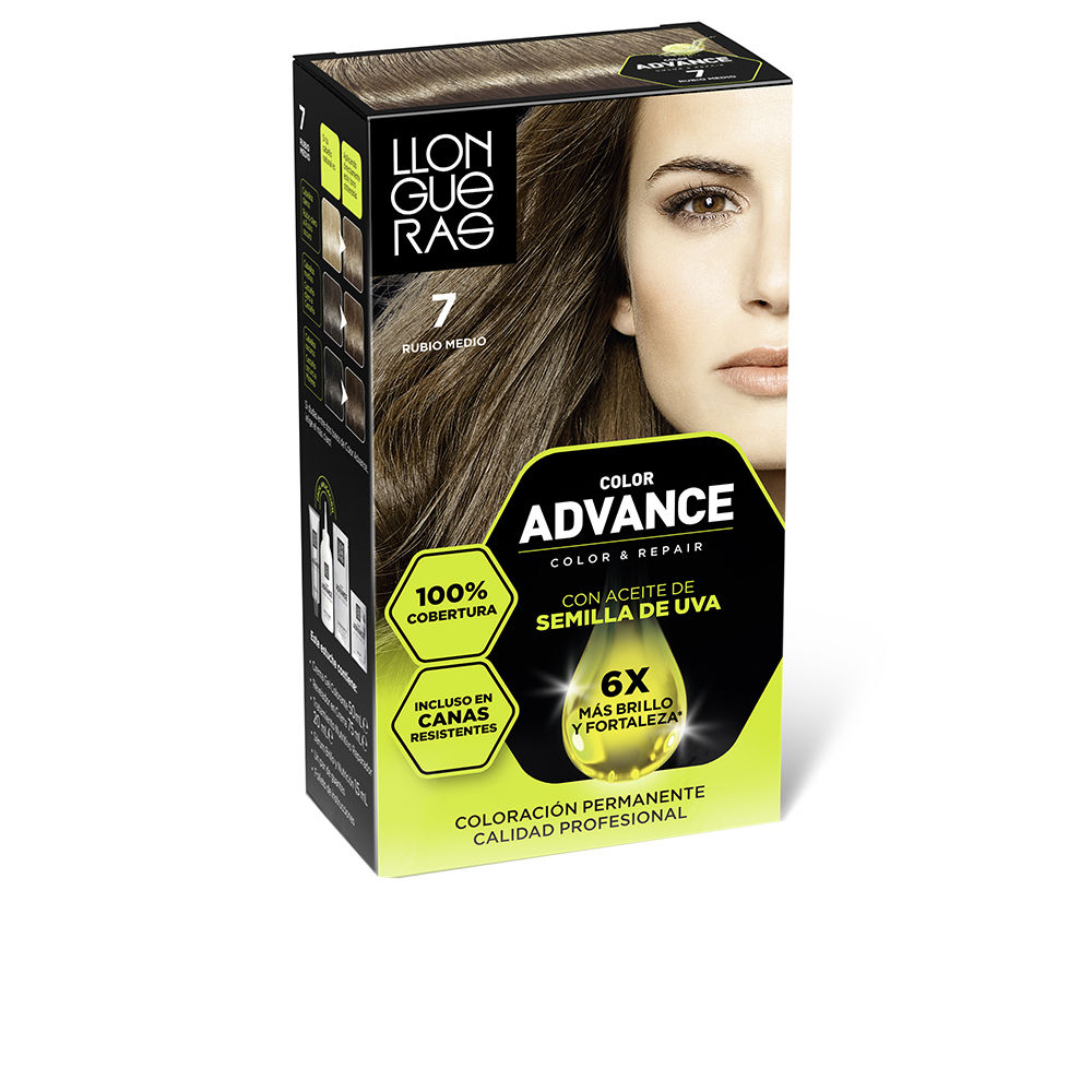 LlonguerasColorAdvanceHairColor7MediumBlonde Box of Color Advance Hair Color 7 Medium Blonde by Llongueras, a permanent hair color indicated for covering gray hair.