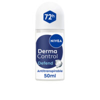 Bottle  of  Nivea  Derma  Control  Defend  Roll-On  Deodorant  by  Nivea,  a  roll-on  indicated  for  controlling  sweat  and  odor  on  sensitive  skin.