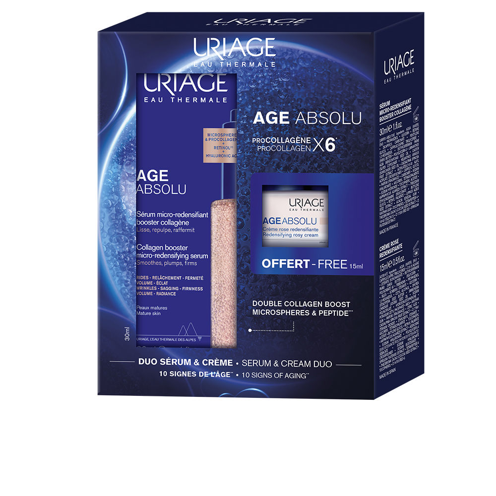 UriageAgeAbsoluSerum&CreamDuo Box of Uriage Age Absolu Serum & Cream Duo by Uriage, a skincare set indicated for correcting signs of aging in mature skin.