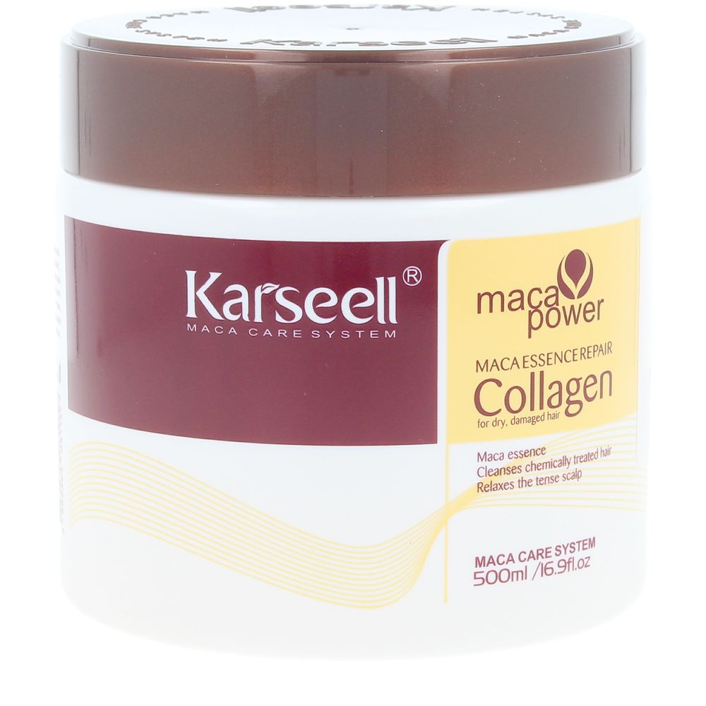 KarseellMacaEssenceCollagenMask500ml Jar of Karseell Maca Essence Collagen Mask by Karseell, a hair mask indicated for rebuilding and strengthening damaged hair.