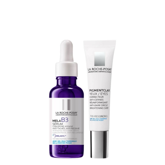 LaRochePosayAnti-SpotsRoutineSetSerum+Cream Box of La Roche Posay Anti-Spots Routine Set Serum and Cream, a skincare kit indicated for reducing dark spots and circles.