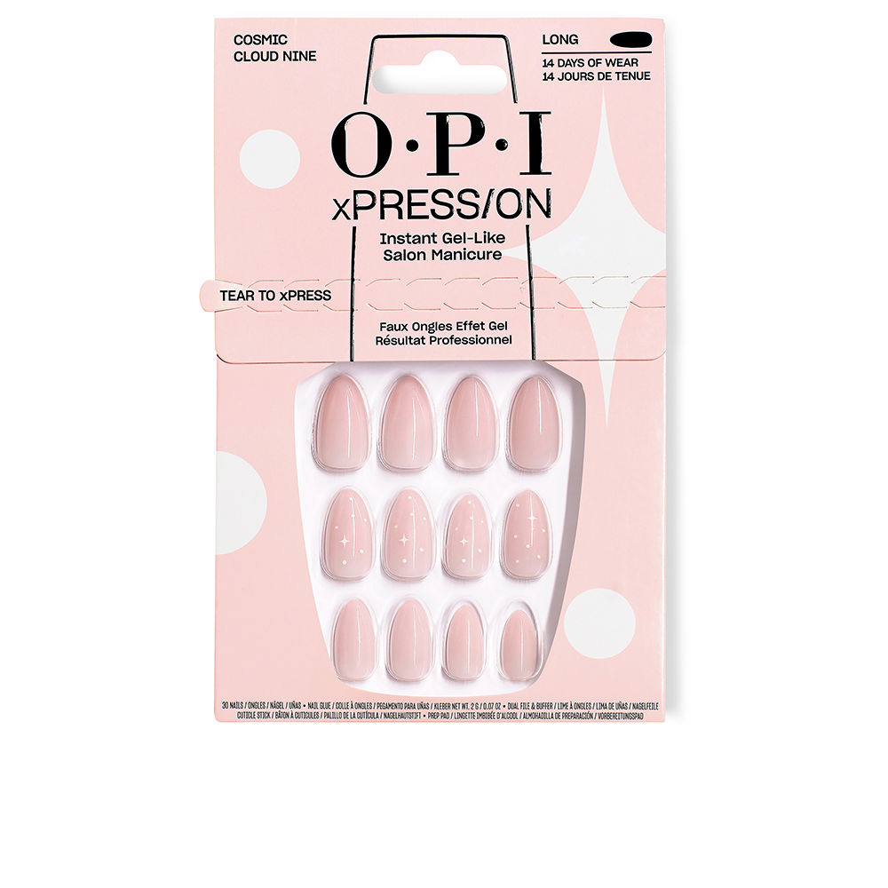 OpixPress/OnFalseGel-LikeNailsWhat'sYourMannitudeCollectionColorCosmicCloudNinex30 Box of Opi xPress/On False Gel-Like Nails Cosmic Cloud Nine, a set of false nails indicated for a professional manicure finish.