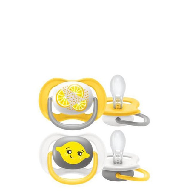 PhilipsAventUltraAirPacifierFruitsSiliconeYellow6-18mx2 Product container of Philips Avent Ultra Air Pacifier by Philips Avent, a silicone pacifier indicated for oral development in babies.