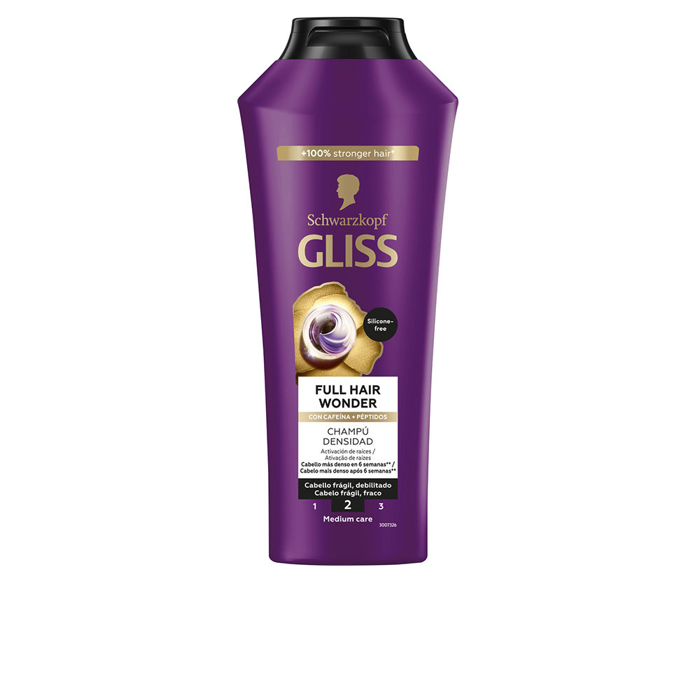 SchwarzkopfGlissFullnessWonderShampoo400ml Bottle of Schwarzkopf Gliss Fullness Wonder Shampoo, a shampoo indicated for repairing damage and activating hair growth.