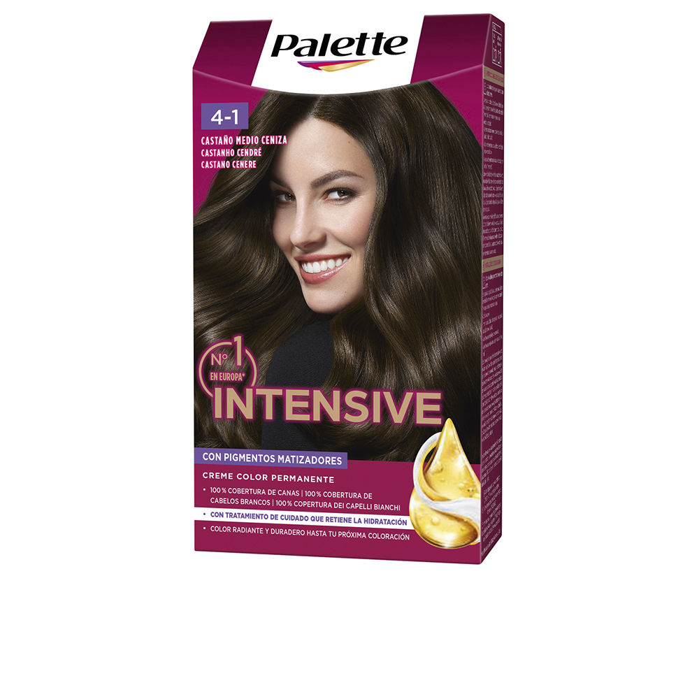 SchwarzkopfPaletteIntensiveCremePermanentColor4.1MediumAshBrown Product container of Schwarzkopf Palette Intensive Creme Permanent Color by Schwarzkopf, a hair color for gray coverage and shine.