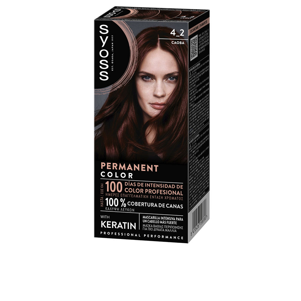 SyossPermanentHairColor4.2MahoganyRed Box of Syoss Permanent Hair Color 4.2 Mahogany Red by Syoss, a permanent hair dye indicated for professional color intensity and gray coverage.
