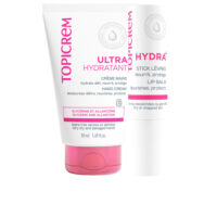 Product  container  of  Topicrem  UH  Hand  Cream  Set  with  Lip  Balm  by  Topicrem,  a  cream  and  balm  set  for  dry  hand  and  lip  care.